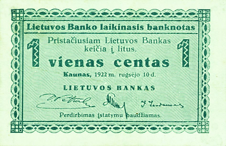 1 centas interim note issued on 10 September, 1922