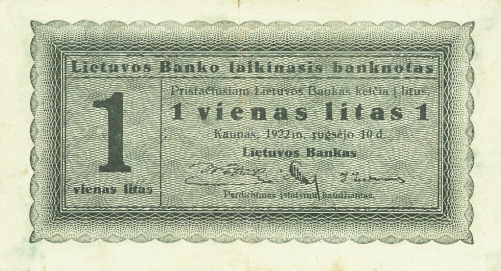 1 litas interim note issued on 10 September, 1922