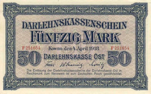Banknote of 50 ostmarks issued in 1918