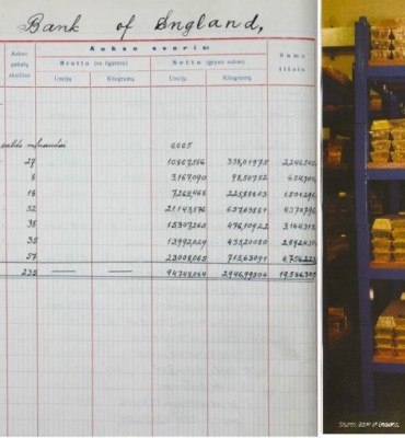 On the left: the records about the gold kept at the Bank of England in the book of deposits of the Bank of Lithuania, on the right: gold reserve which is kept in the bank of England