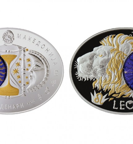 A series of 10 denar coins for the Republic of Macedonia ‘Signs of the Zodiac’. Issued in 2014, featuring encrusted cobalt glass. Minted at the Lithuanian Mint