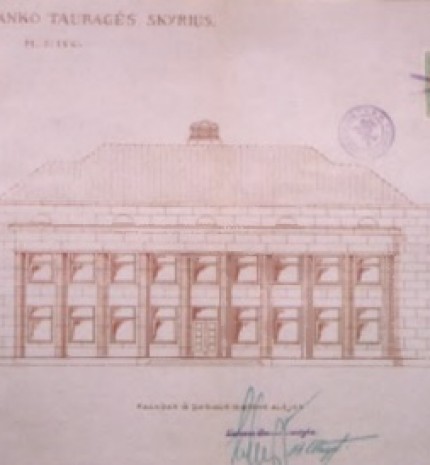 Lietuvos banko Tauragės skyriaus projektas. Fasadas iš S. Dariaus ir S, Girėno alėjos