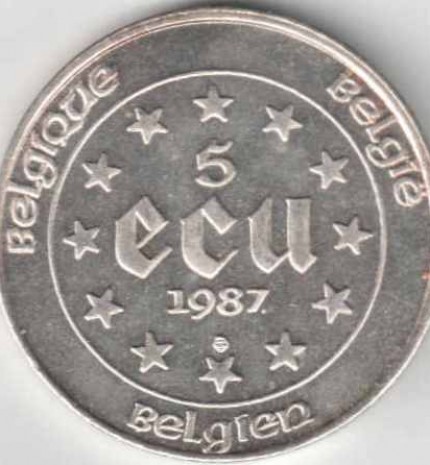 Taip galėjo atrodyti Europos monetos. 1987 m. progionė ekiu moneta skirta Belgijos pirmininkavimui EBB