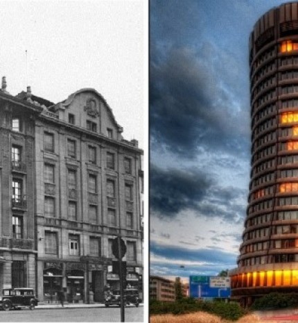 Tarptautinių atsiskaitymų banko pastatas Bazelyje, Šveicarijoje. Kairėje - tarpukariu, dešinėje - šiandien