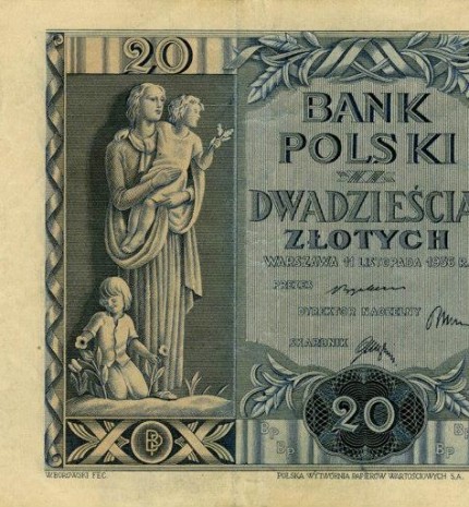 1936 m. 20 Zlotų nominalo banknotas (aversas)