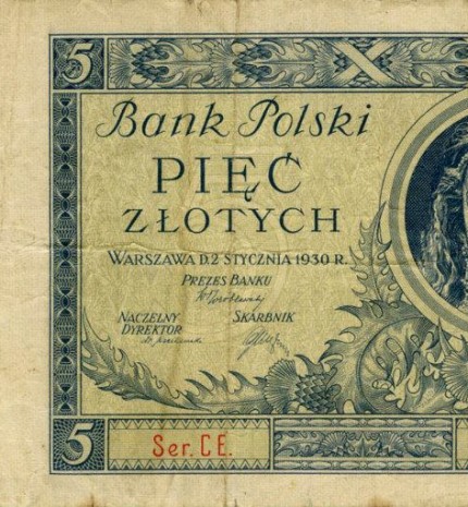 1930 m. 5 Zlotų nominalo banknotas (aversas)
