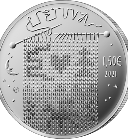 1,5 euro vario-nikelio moneta, skirta pasakai „Eglė – žalčių karalienė“. Aversas.