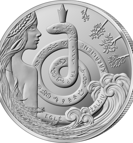 1,5 euro vario-nikelio moneta, skirta pasakai „Eglė – žalčių karalienė“. Reversas.