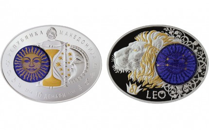 A series of 10 denar coins for the Republic of Macedonia ‘Signs of the Zodiac’. Issued in 2014, featuring encrusted cobalt glass. Minted at the Lithuanian Mint