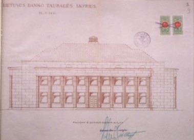Lietuvos banko Tauragės skyriaus projektas. Fasadas iš S. Dariaus ir S, Girėno alėjos