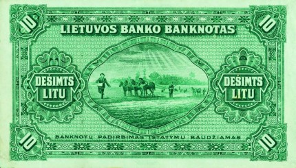 1927 m. lapkričio 24 d. laidos 10 litų banknotas. Reversas
