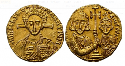 VIII a. pr. Justiniano II auksinė moneta su 