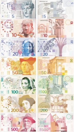 Vokiečių Ernst and Lorli Jünger sukurtas banknotų dizainas.