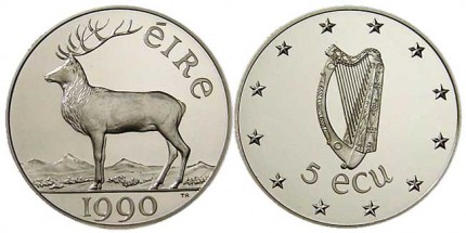 Taip galėjo atrodyti Europos monetos. 1990 m. progionė ekiu moneta skirta Airijos pirmininkavimui EBB