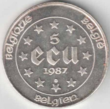 Taip galėjo atrodyti Europos monetos. 1987 m. progionė ekiu moneta skirta Belgijos pirmininkavimui EBB