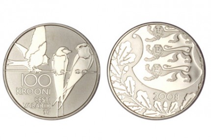 2008 m. laidos platininė kolekcinė 100 Estijos kronų moneta skirta nepriklausomybės šimtmečiui