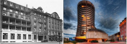 Tarptautinių atsiskaitymų banko pastatas Bazelyje, Šveicarijoje. Kairėje - tarpukariu, dešinėje - šiandien