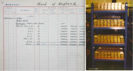 Kairėje - įrašas apie Anglijos banke saugomas Lietuvos aukso atsargas Lietuvos banko aukso depozitų užsienyje knygoje, dešinėje - Anglijos banke saugomas auksas