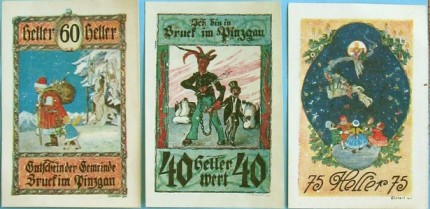 1921 m. Bruko in Pincgau, Austrijoje, miesto notgeldai su Kalėdų seneliu ir jo palydovais