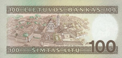 1991 m. atspausdinto 100 litų banknoto  reversas