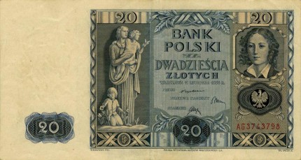 1936 m. 20 Zlotų nominalo banknotas (aversas)