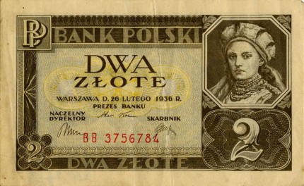 1936 m. 2 Zlotų nominalo banknotas (aversas)
