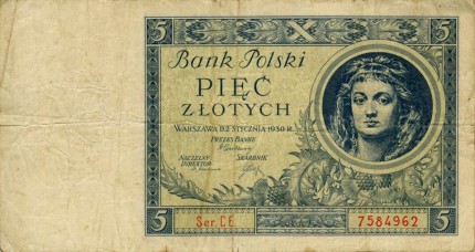 1930 m. 5 Zlotų nominalo banknotas (aversas)