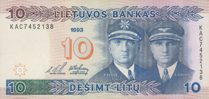 10 litas note issued 1993. Obverse.