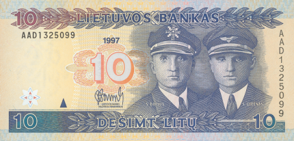 10 litas note issued 1997. Obverse.