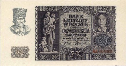 20 zloty note, issued 1936 (obverse)