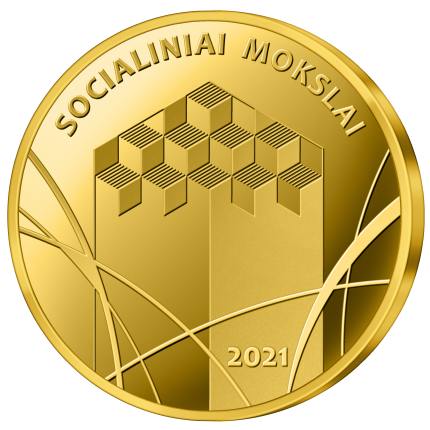 5 eurų aukso moneta, skirta socialiniams mokslams. Aversas.
