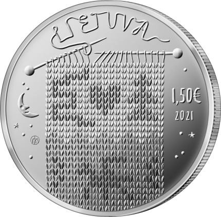1,5 euro vario-nikelio moneta, skirta pasakai „Eglė – žalčių karalienė“. Aversas.