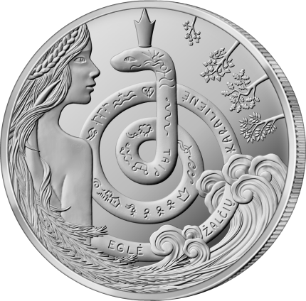 1,5 euro vario-nikelio moneta, skirta pasakai „Eglė – žalčių karalienė“. Reversas.