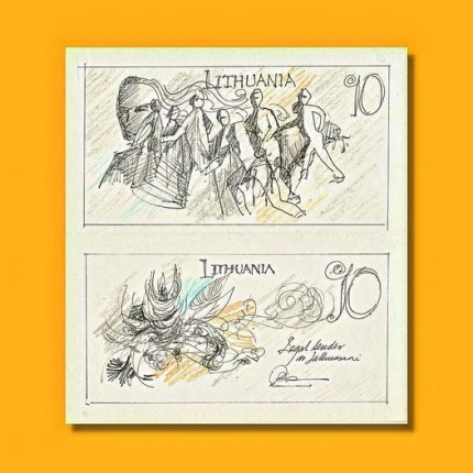 Trial sketches of Lithuanian money prepared by an artist of Australia’s central bank