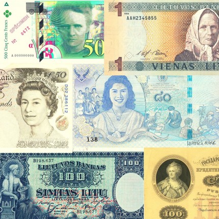 Moterys pasaulio monetose ir banknotuose.